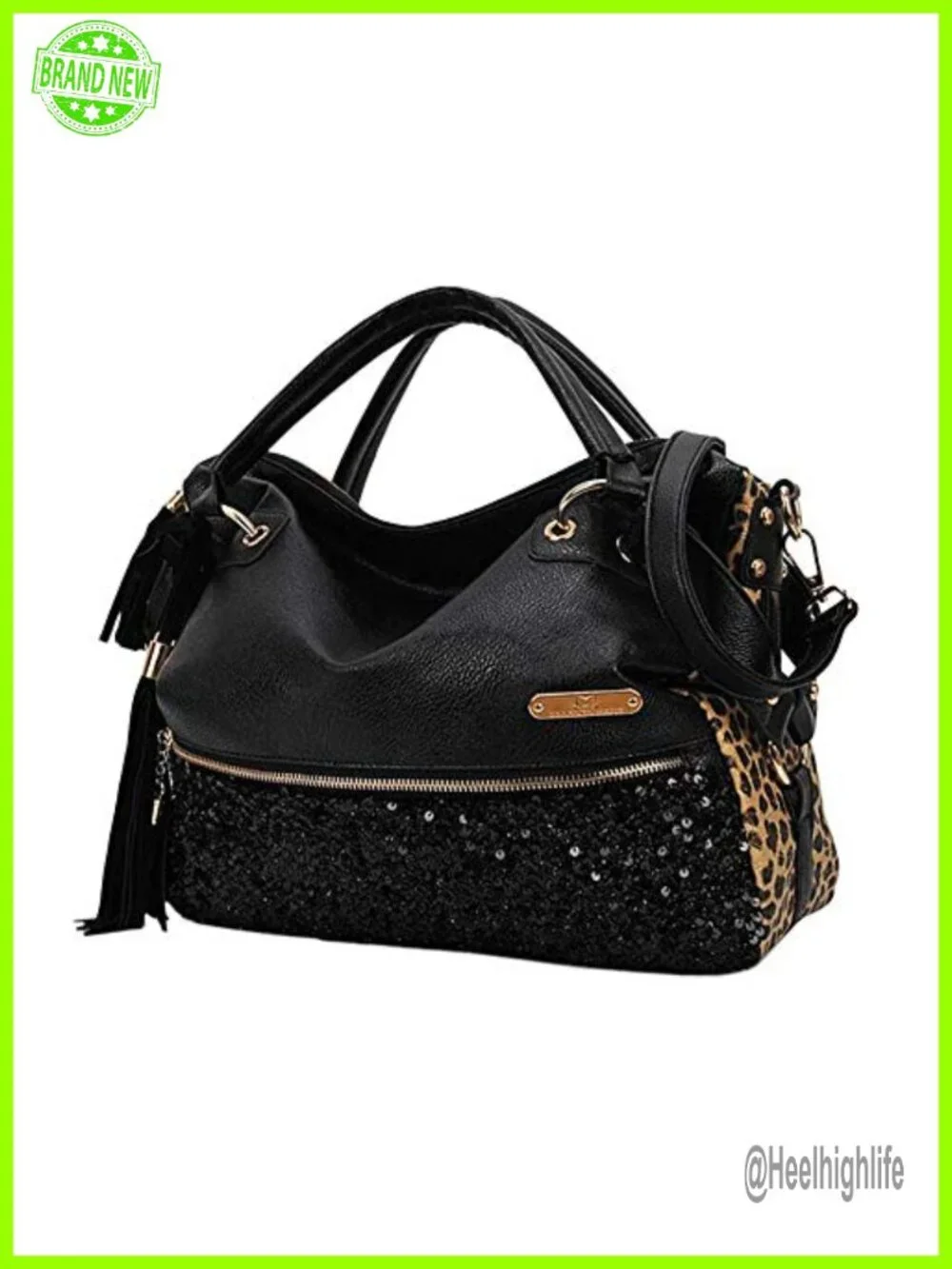 Sequined Leopard Print Faux Leather Hobo Bag with Tassels